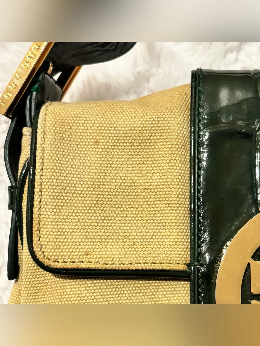 Tory Burch Vintage Baguette Shoulder Bag Khaki Canvas Dark Green Patent 11099828